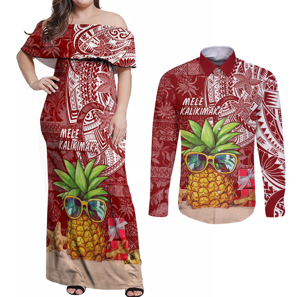 Mele Kalikimaka Hawaii Christmas Couples Matching Off Shoulder Maxi Dress and Long Sleeve Button Shirt Pineapple Party LT7 Red - Polynesian Pride