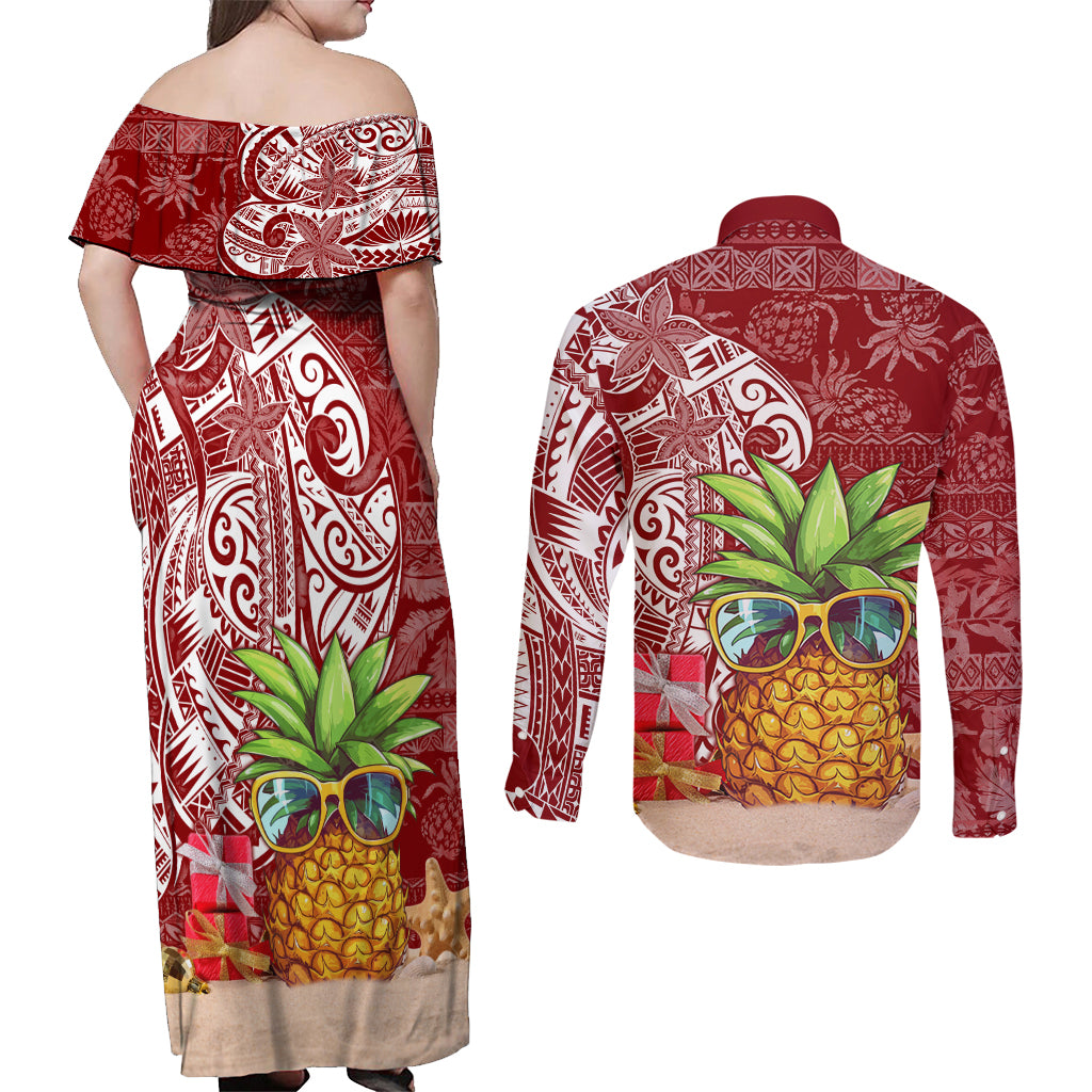 Mele Kalikimaka Hawaii Christmas Couples Matching Off Shoulder Maxi Dress and Long Sleeve Button Shirt Pineapple Party LT7 - Polynesian Pride