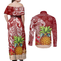 Mele Kalikimaka Hawaii Christmas Couples Matching Off Shoulder Maxi Dress and Long Sleeve Button Shirt Pineapple Party LT7 - Polynesian Pride