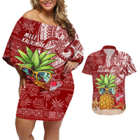 Mele Kalikimaka Hawaii Christmas Couples Matching Off Shoulder Short Dress and Hawaiian Shirt Pineapple Party LT7 Red - Polynesian Pride