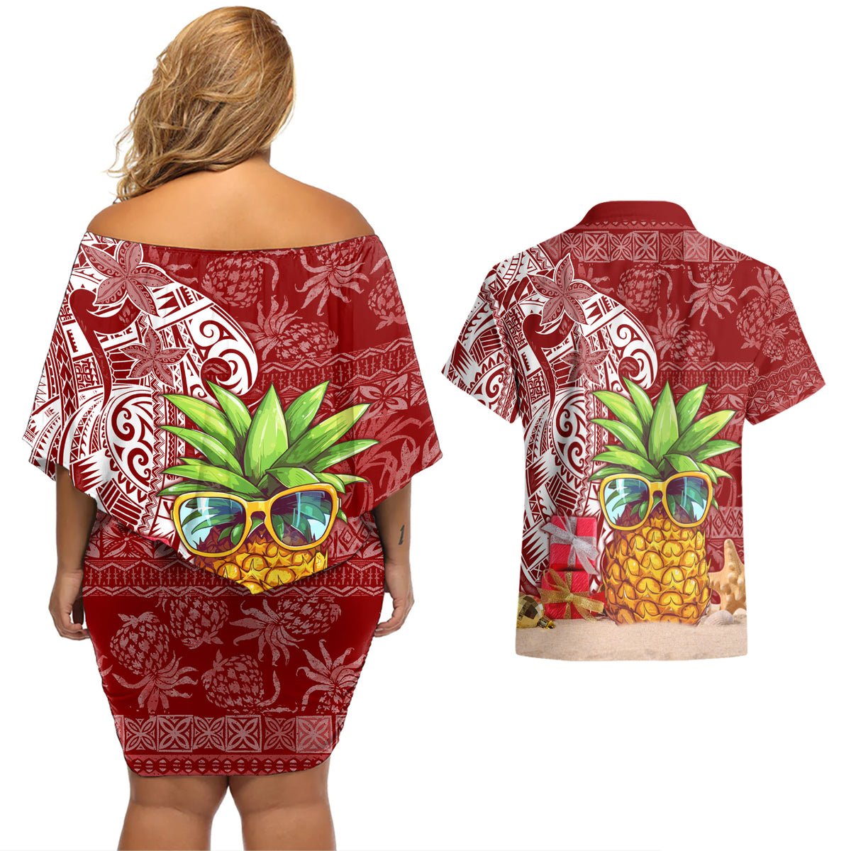Mele Kalikimaka Hawaii Christmas Couples Matching Off Shoulder Short Dress and Hawaiian Shirt Pineapple Party LT7 - Polynesian Pride