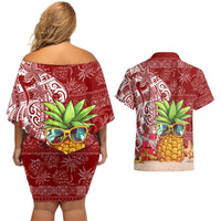 Mele Kalikimaka Hawaii Christmas Couples Matching Off Shoulder Short Dress and Hawaiian Shirt Pineapple Party LT7 - Polynesian Pride