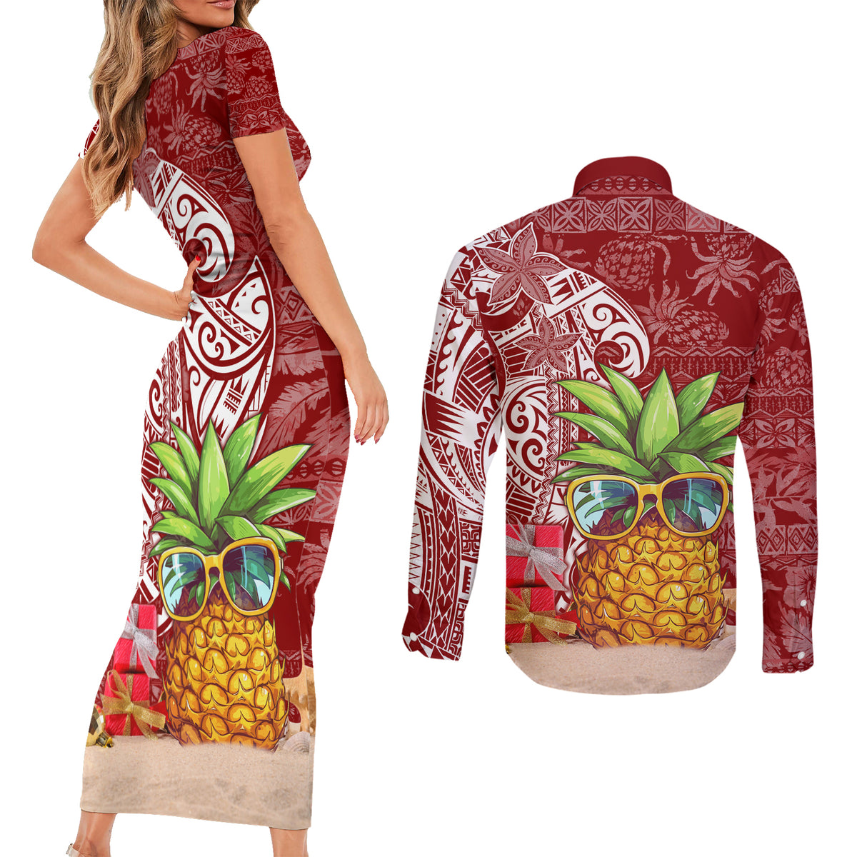 Mele Kalikimaka Hawaii Christmas Couples Matching Short Sleeve Bodycon Dress and Long Sleeve Button Shirt Pineapple Party LT7 - Polynesian Pride