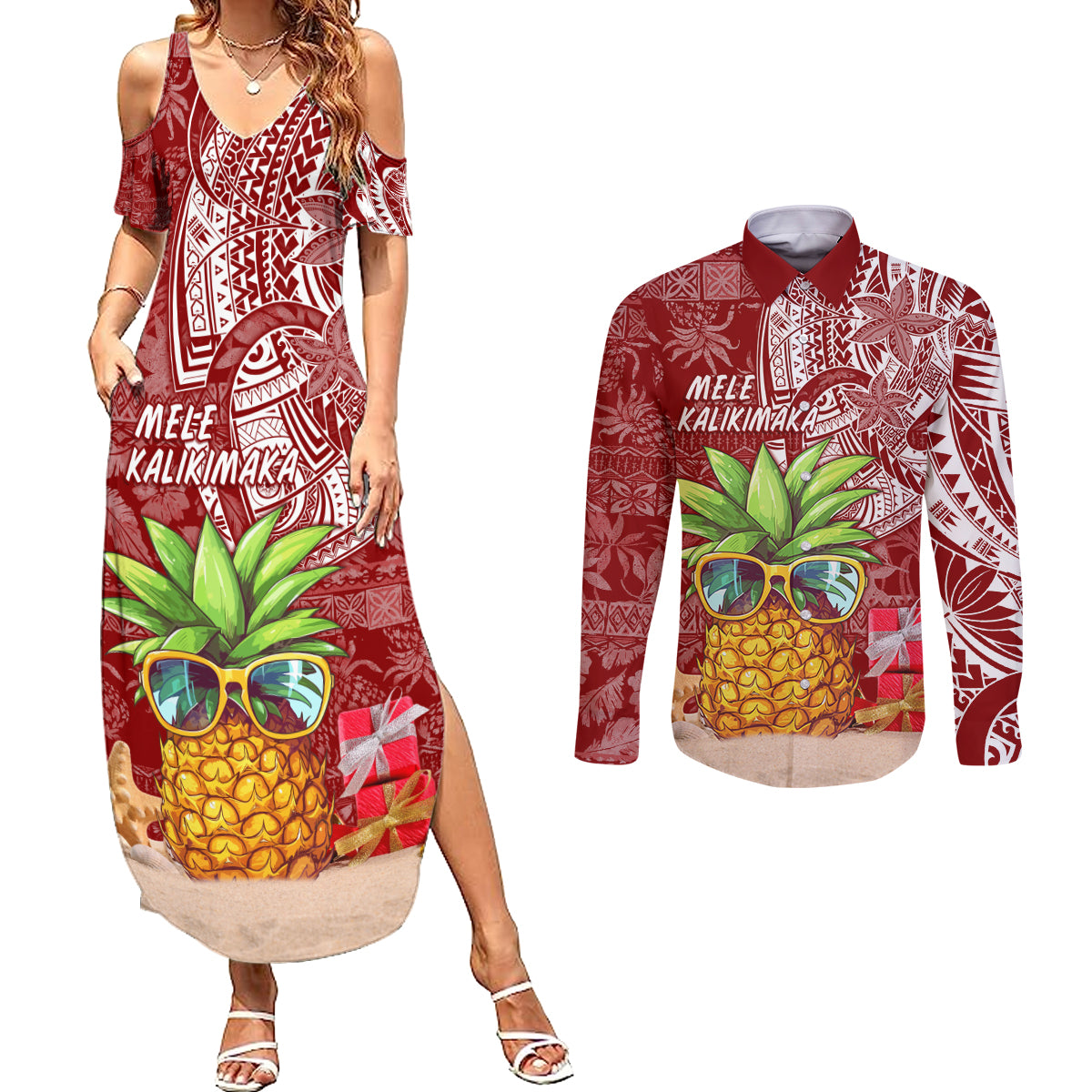 Mele Kalikimaka Hawaii Christmas Couples Matching Summer Maxi Dress and Long Sleeve Button Shirt Pineapple Party LT7 Red - Polynesian Pride