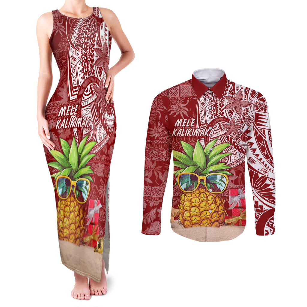 Mele Kalikimaka Hawaii Christmas Couples Matching Tank Maxi Dress and Long Sleeve Button Shirt Pineapple Party LT7 Red - Polynesian Pride