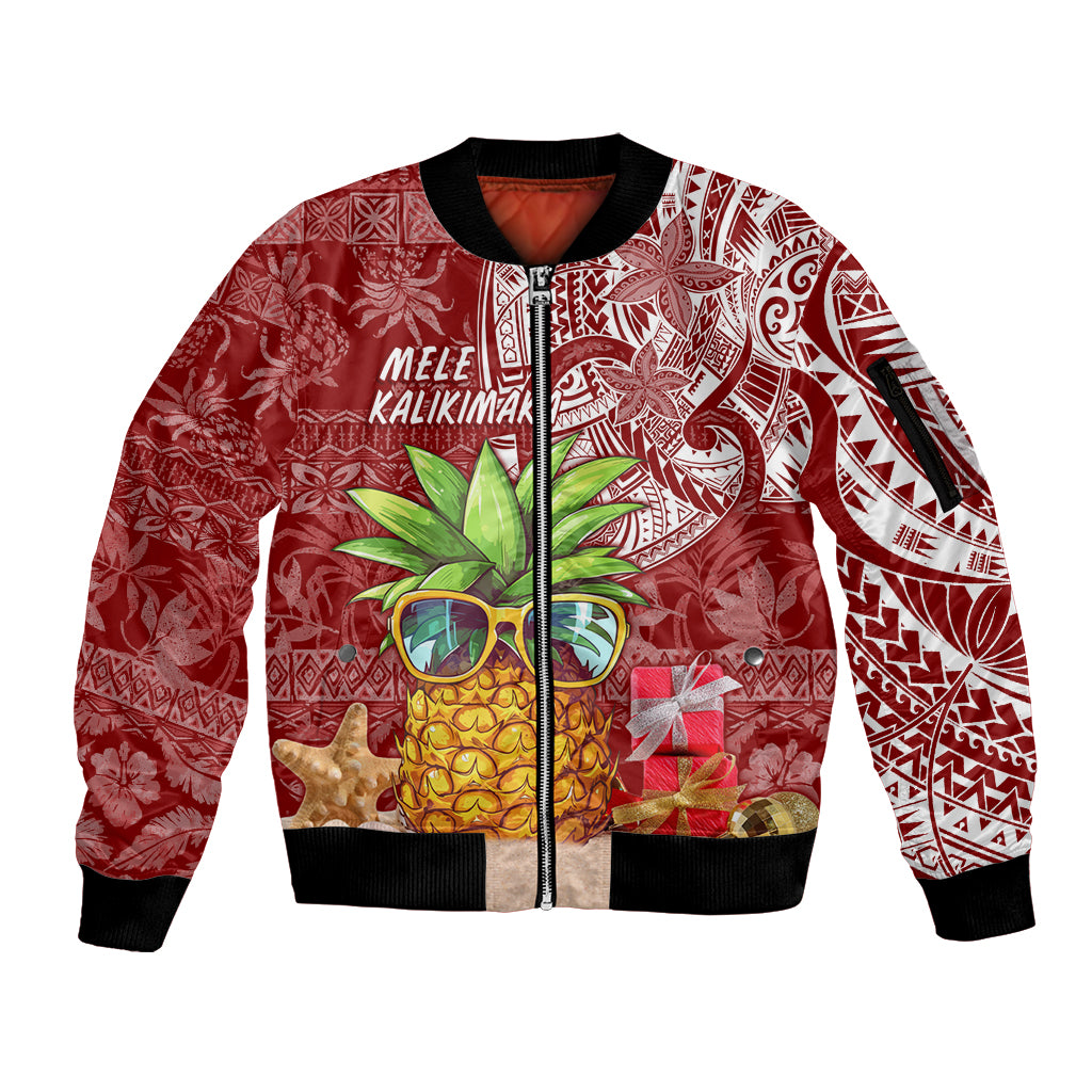 Mele Kalikimaka Hawaii Christmas Sleeve Zip Bomber Jacket Pineapple Party LT7 Unisex Red - Polynesian Pride