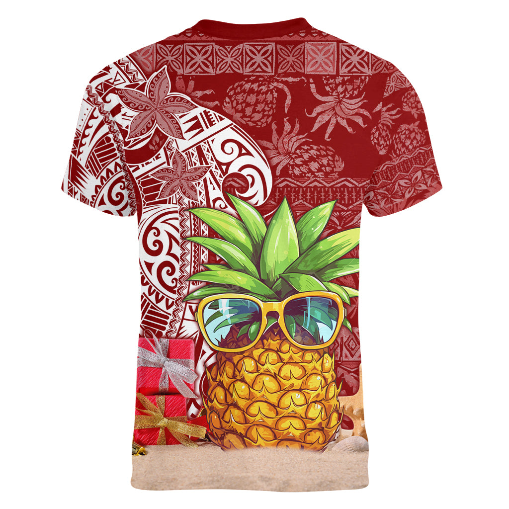 Mele Kalikimaka Hawaii Christmas Women V Neck T Shirt Pineapple Party LT7 - Polynesian Pride