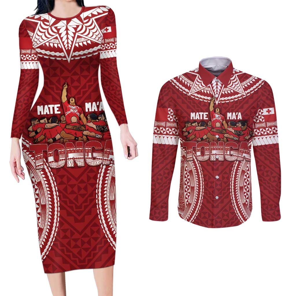 Personalized Mate Maa Tonga Rugby Couples Matching Long Sleeve Bodycon Dress and Long Sleeve Button Shirt Ofa Atu Tonga
