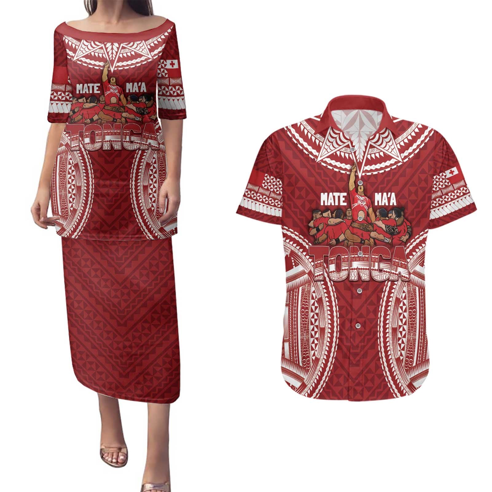 Personalized Mate Maa Tonga Rugby Couples Matching Puletasi and Hawaiian Shirt Ofa Atu Tonga