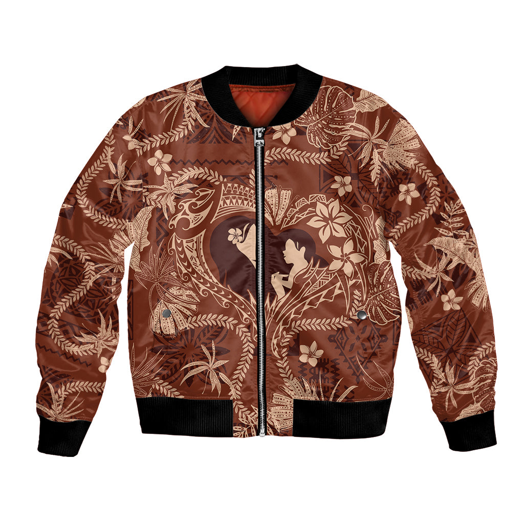 Hawaii Plumeria Bomber Jacket Hau'oli la Makuahine Sunburned LT7 Unisex Brown - Polynesian Pride