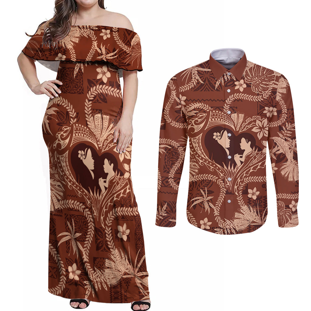 Hawaii Plumeria Couples Matching Off Shoulder Maxi Dress and Long Sleeve Button Shirt Hau'oli la Makuahine Sunburned LT7 Brown - Polynesian Pride