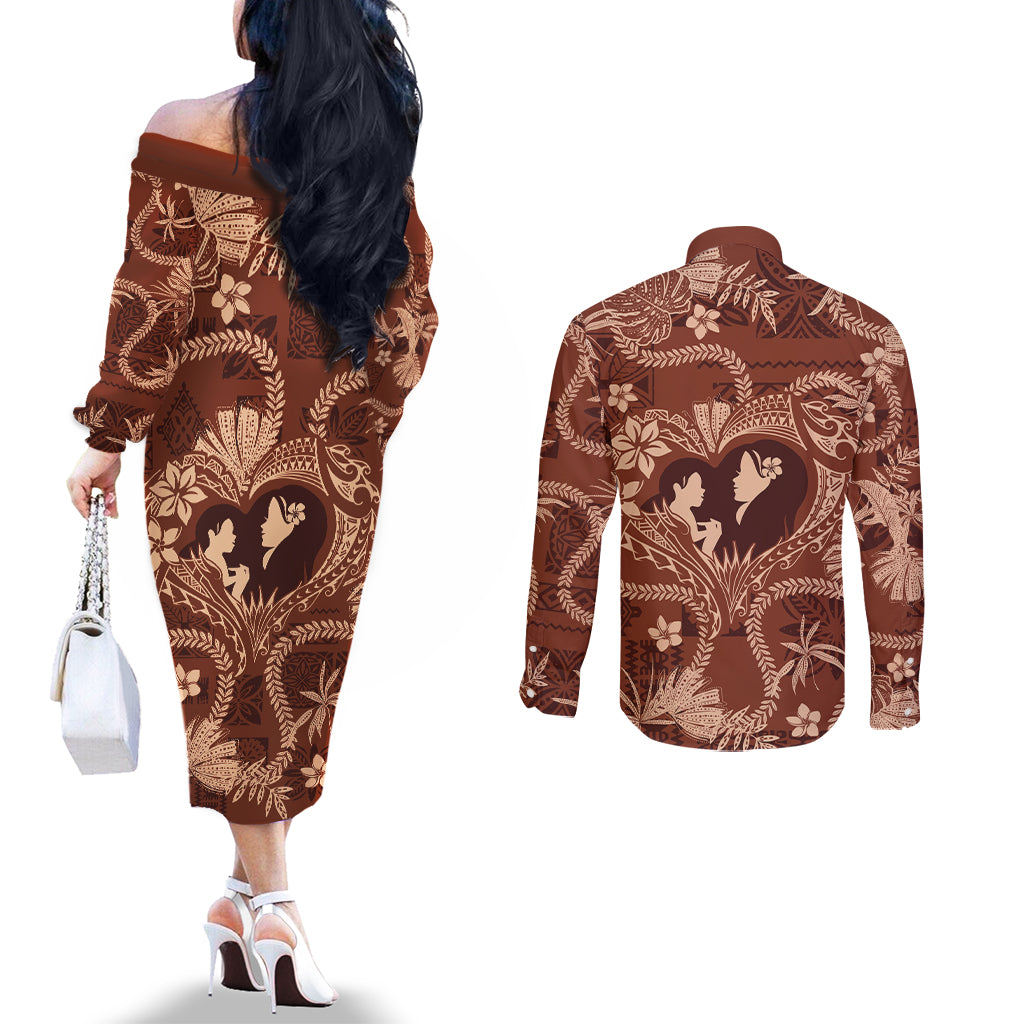 Hawaii Plumeria Couples Matching Off The Shoulder Long Sleeve Dress and Long Sleeve Button Shirt Hau'oli la Makuahine Sunburned LT7 - Polynesian Pride