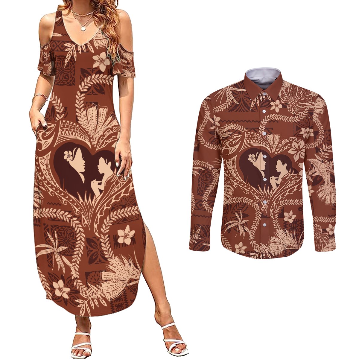 Hawaii Plumeria Couples Matching Summer Maxi Dress and Long Sleeve Button Shirt Hau'oli la Makuahine Sunburned LT7 Brown - Polynesian Pride