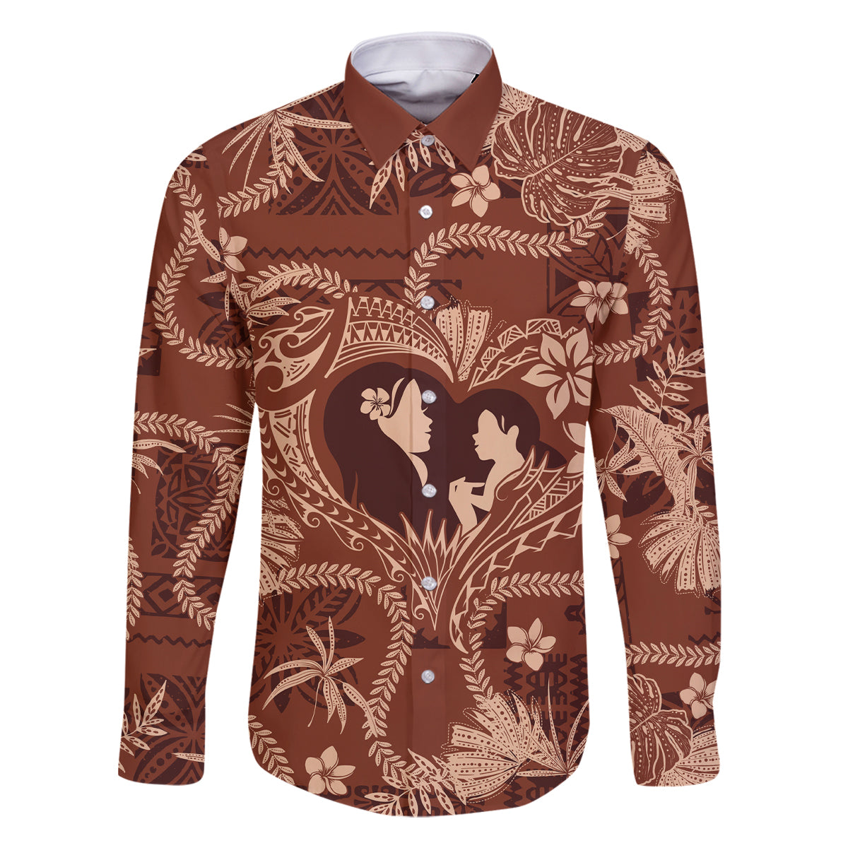 Hawaii Plumeria Family Matching Long Sleeve Bodycon Dress and Hawaiian Shirt Hau'oli la Makuahine Sunburned LT7 Dad's Shirt - Long Sleeve Brown - Polynesian Pride
