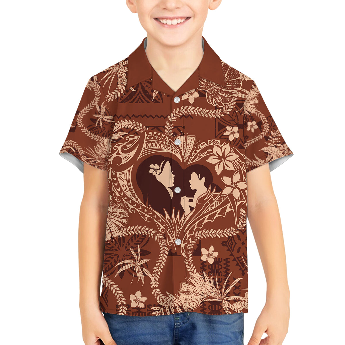 Hawaii Plumeria Family Matching Long Sleeve Bodycon Dress and Hawaiian Shirt Hau'oli la Makuahine Sunburned LT7 Son's Shirt Brown - Polynesian Pride