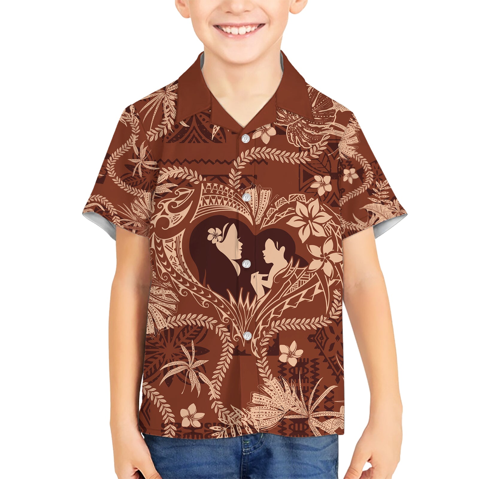 Hawaii Plumeria Kid Hawaiian Shirt Hau'oli la Makuahine Sunburned LT7 Kid Brown - Polynesian Pride