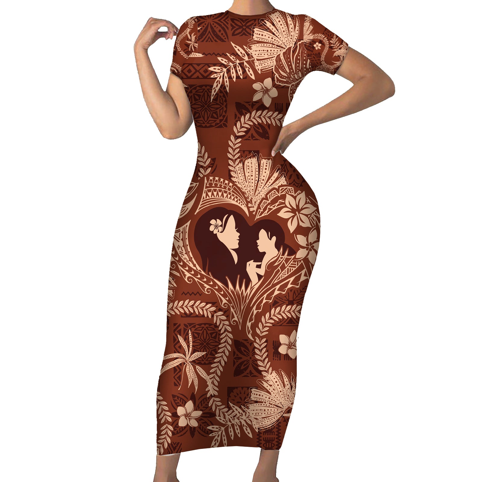 Hawaii Plumeria Short Sleeve Bodycon Dress Hau'oli la Makuahine Sunburned LT7 Long Dress Brown - Polynesian Pride
