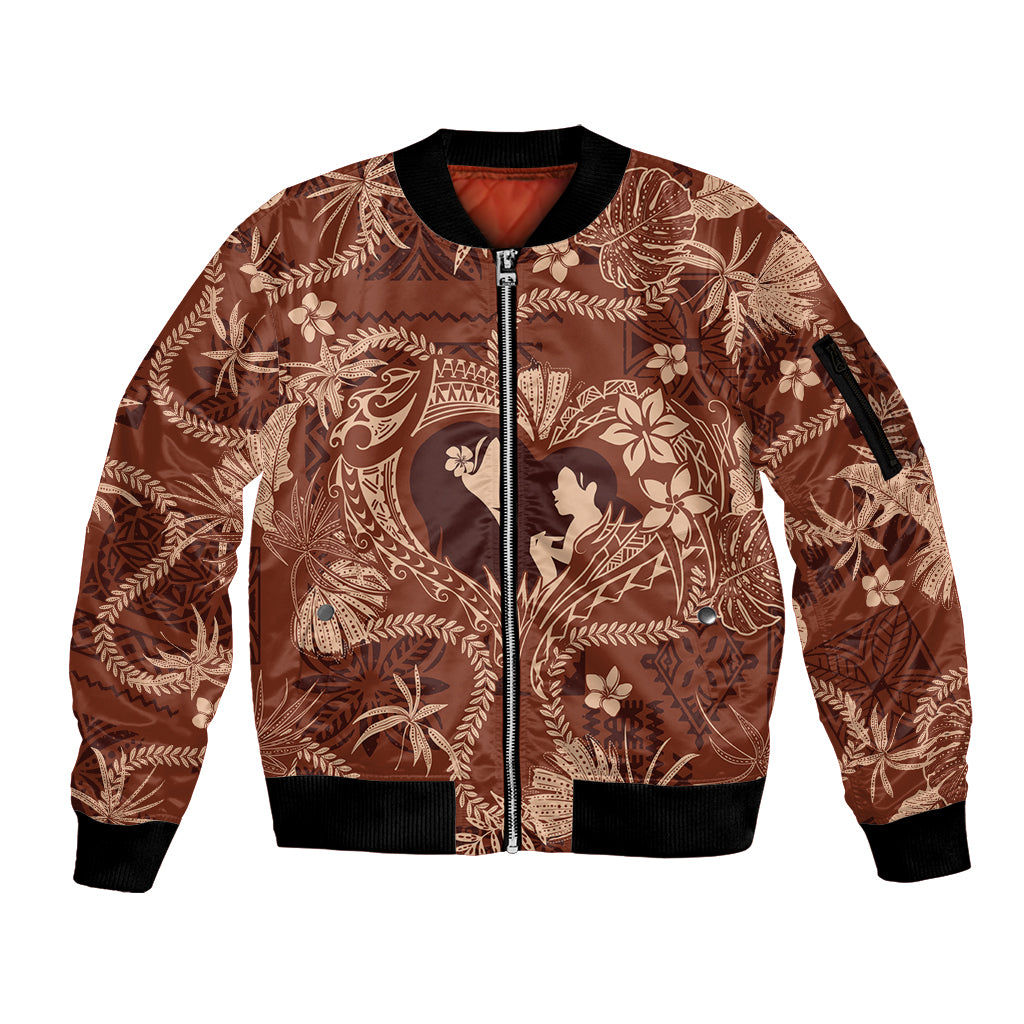 Hawaii Plumeria Sleeve Zip Bomber Jacket Hau'oli la Makuahine Sunburned LT7 Unisex Brown - Polynesian Pride