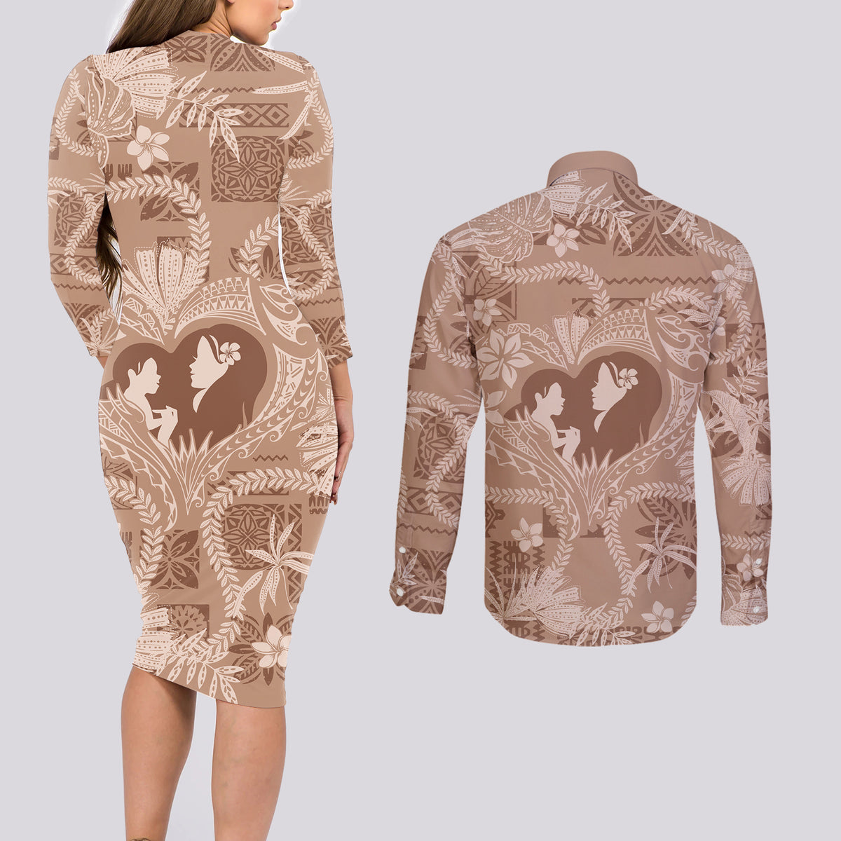 Hawaii Plumeria Couples Matching Long Sleeve Bodycon Dress and Long Sleeve Button Shirt Hau'oli la Makuahine Beige LT7 - Polynesian Pride