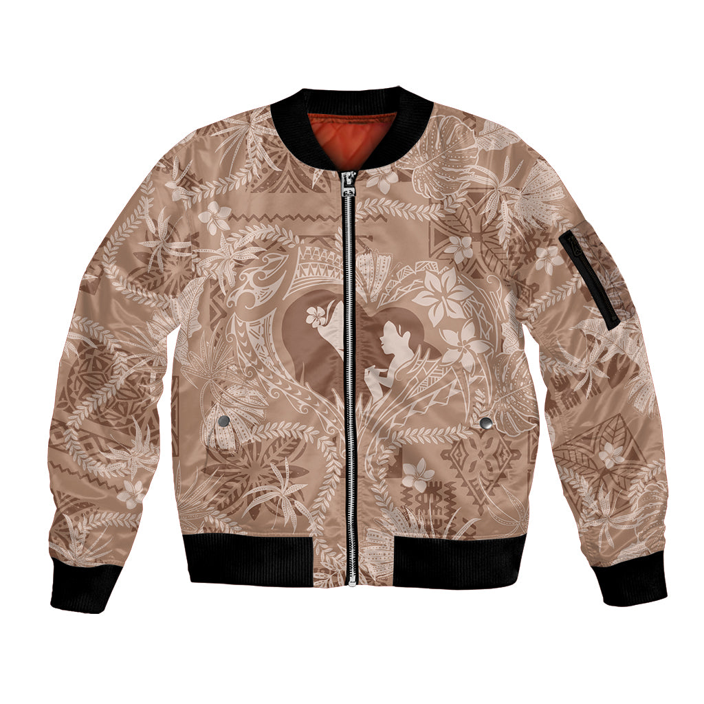 Hawaii Plumeria Sleeve Zip Bomber Jacket Hau'oli la Makuahine Beige LT7 Unisex Beige - Polynesian Pride