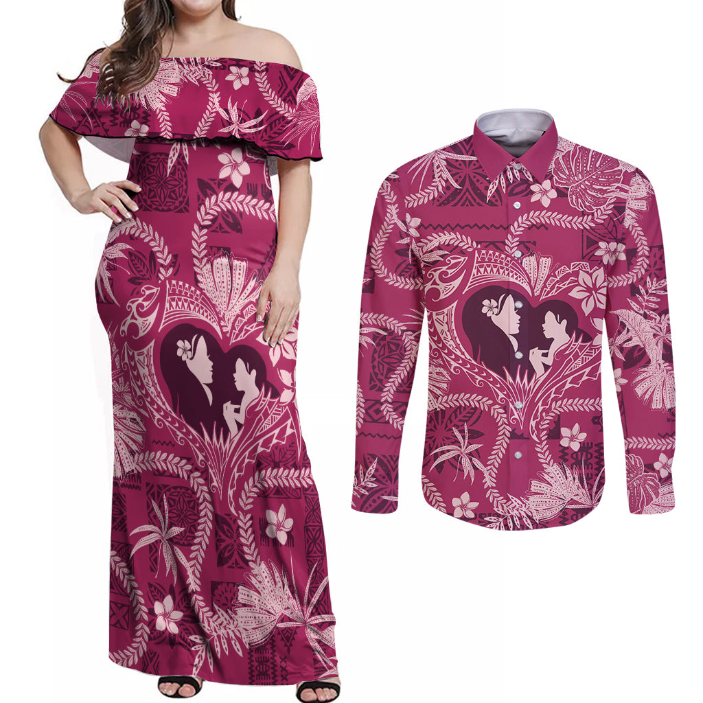 Hawaii Plumeria Couples Matching Off Shoulder Maxi Dress and Long Sleeve Button Shirt Hau'oli la Makuahine Rosy LT7 Pink - Polynesian Pride