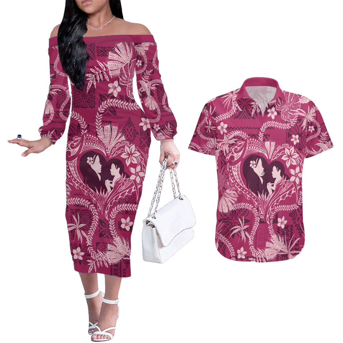 Hawaii Plumeria Couples Matching Off The Shoulder Long Sleeve Dress and Hawaiian Shirt Hau'oli la Makuahine Rosy LT7 Pink - Polynesian Pride