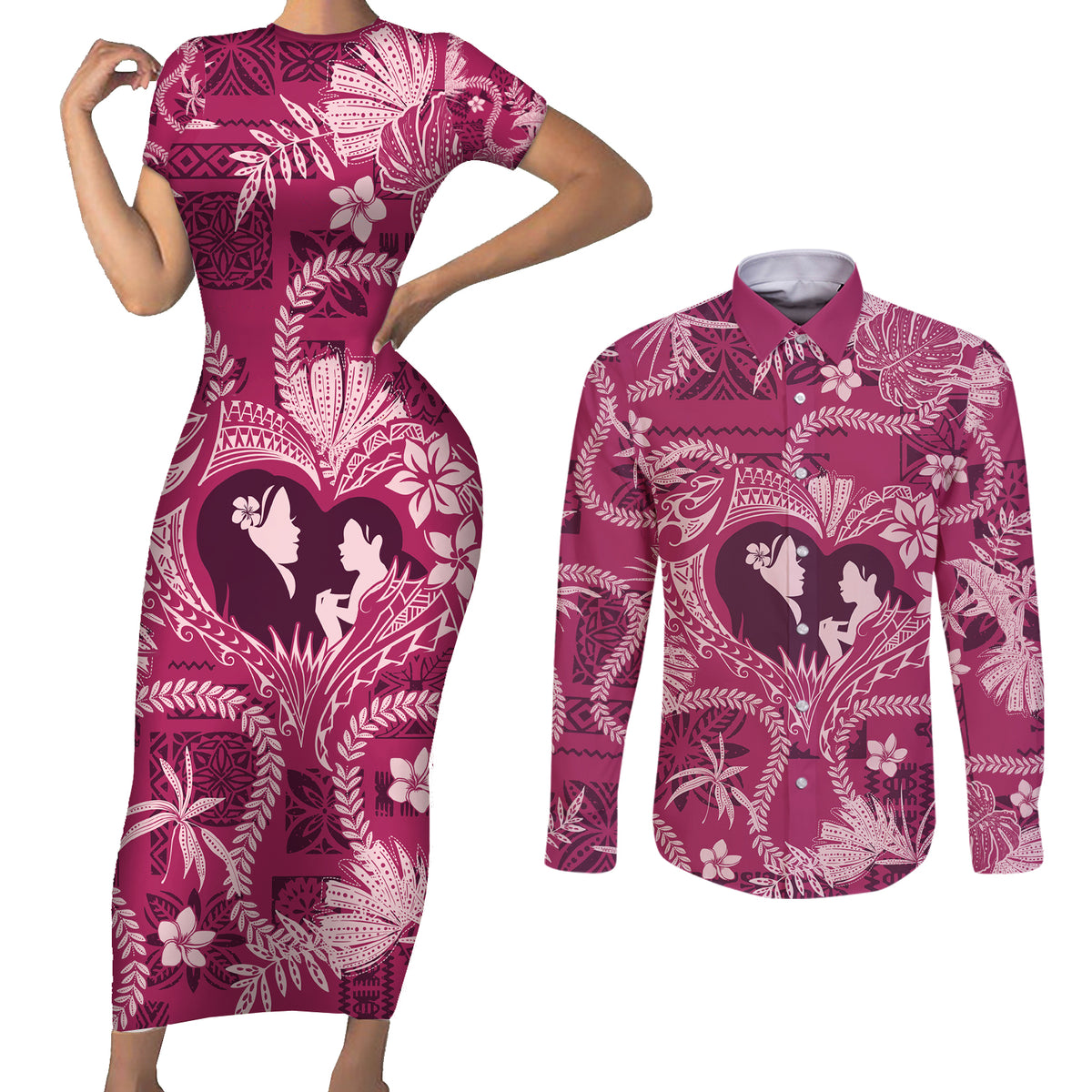 Hawaii Plumeria Couples Matching Short Sleeve Bodycon Dress and Long Sleeve Button Shirt Hau'oli la Makuahine Rosy LT7 Pink - Polynesian Pride
