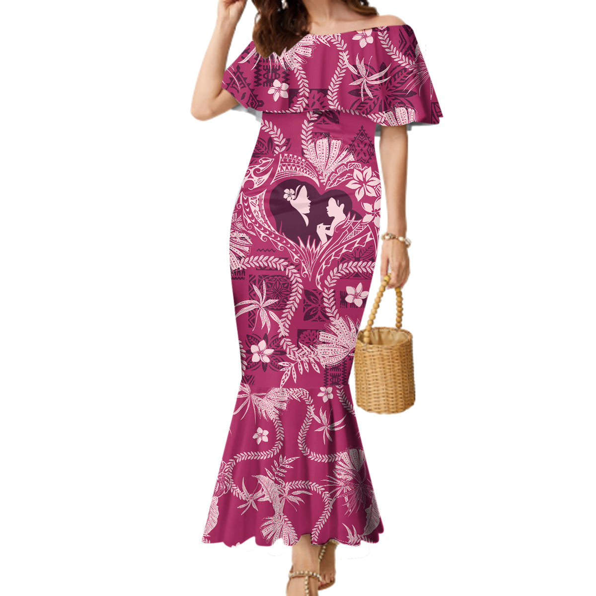 Hawaii Plumeria Family Matching Mermaid Dress and Hawaiian Shirt Hau'oli la Makuahine Rosy LT7 Mom's Dress Pink - Polynesian Pride
