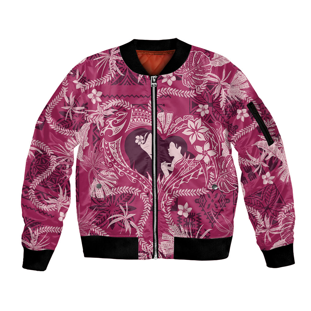 Hawaii Plumeria Sleeve Zip Bomber Jacket Hau'oli la Makuahine Rosy LT7 Unisex Pink - Polynesian Pride