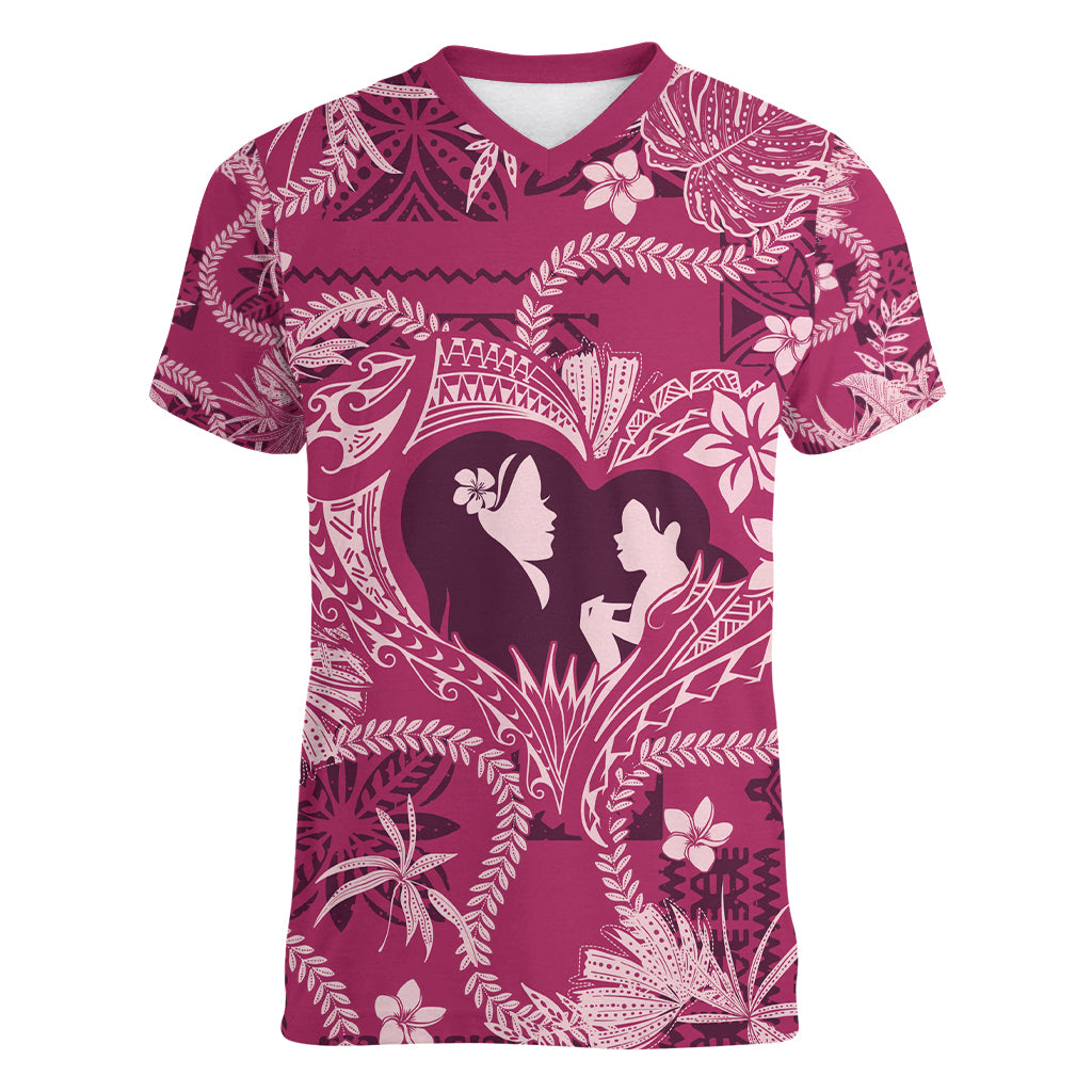 Hawaii Plumeria Women V Neck T Shirt Hau'oli la Makuahine Rosy LT7 Female Pink - Polynesian Pride