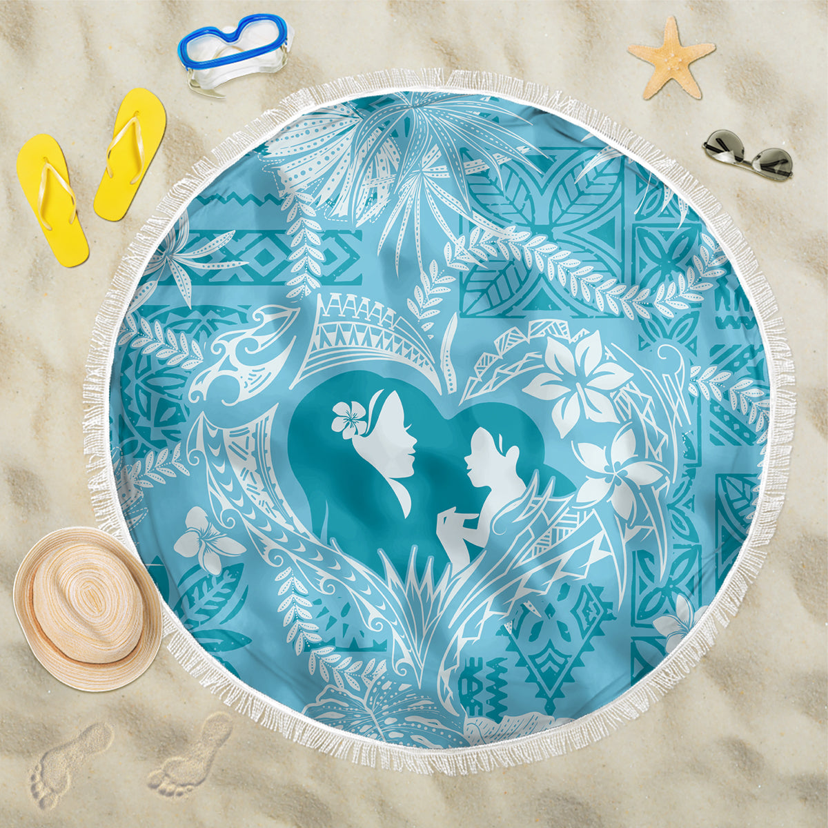 Hawaii Plumeria Beach Blanket Hau'oli la Makuahine Turquoise LT7 One Size 150cm Turquoise - Polynesian Pride