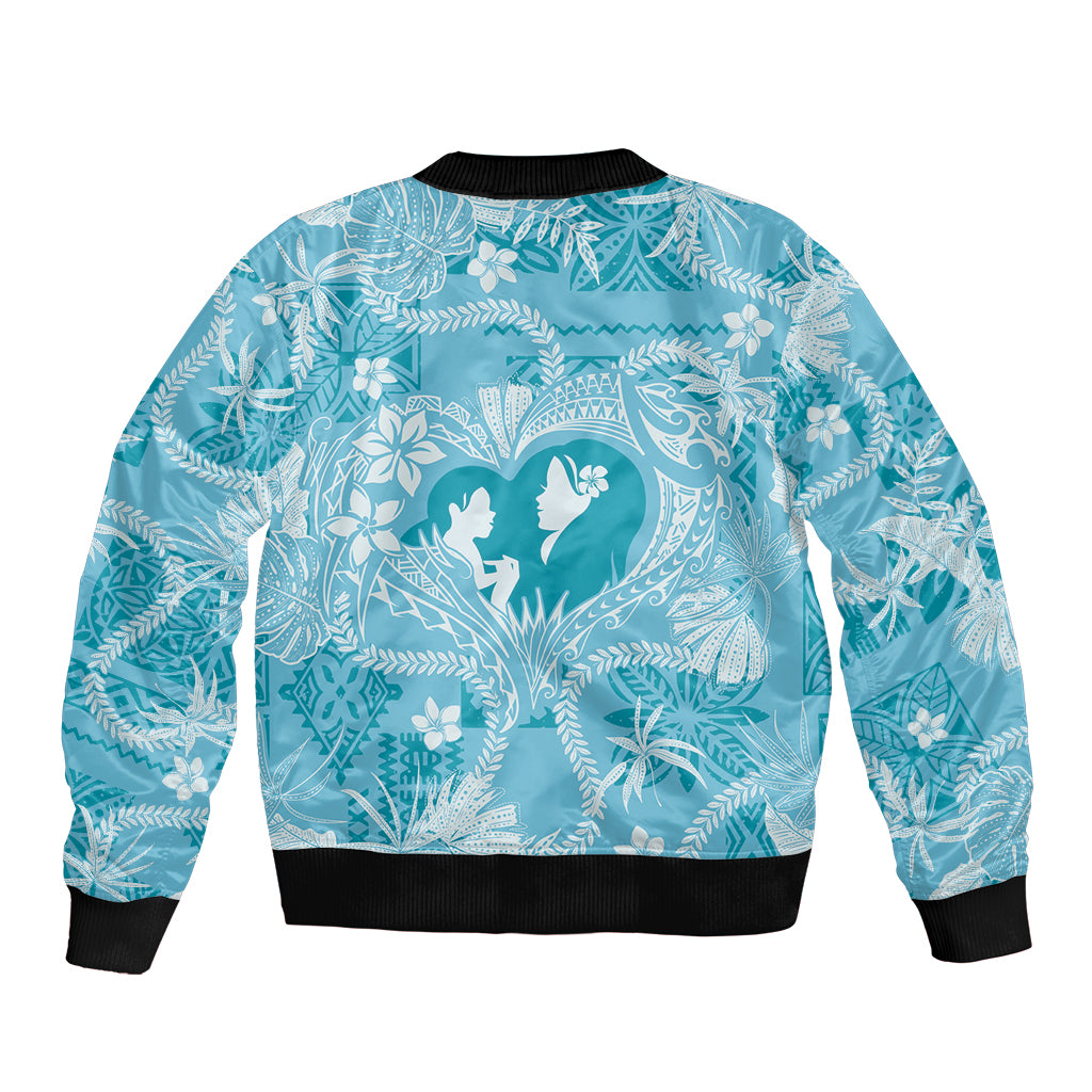 Hawaii Plumeria Bomber Jacket Hau'oli la Makuahine Turquoise LT7 - Polynesian Pride