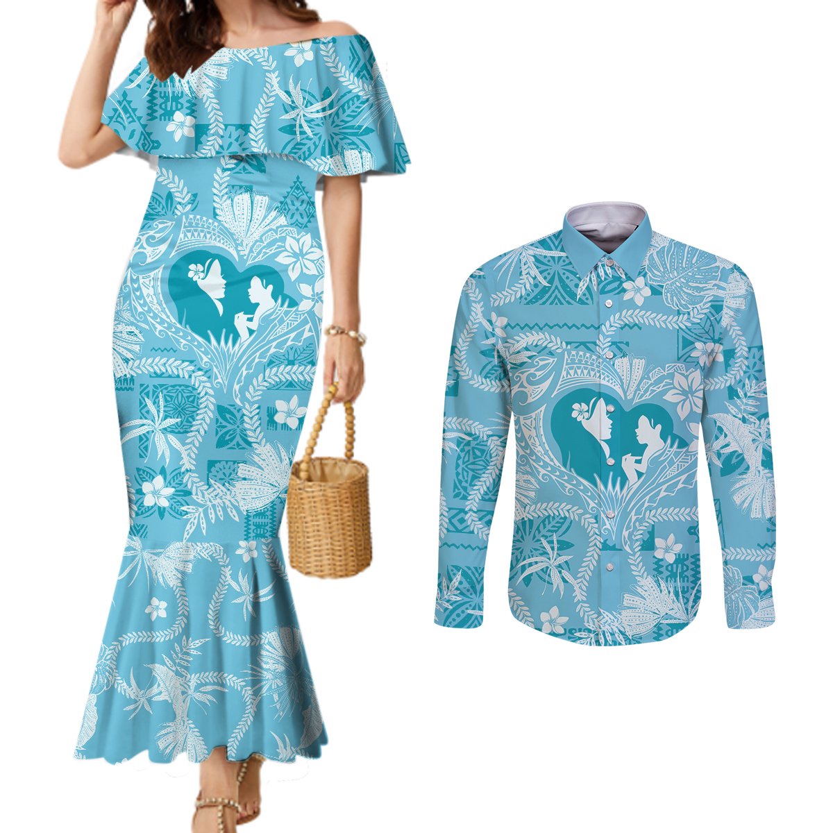 Hawaii Plumeria Couples Matching Mermaid Dress and Long Sleeve Button Shirt Hau'oli la Makuahine Turquoise LT7 Turquoise - Polynesian Pride