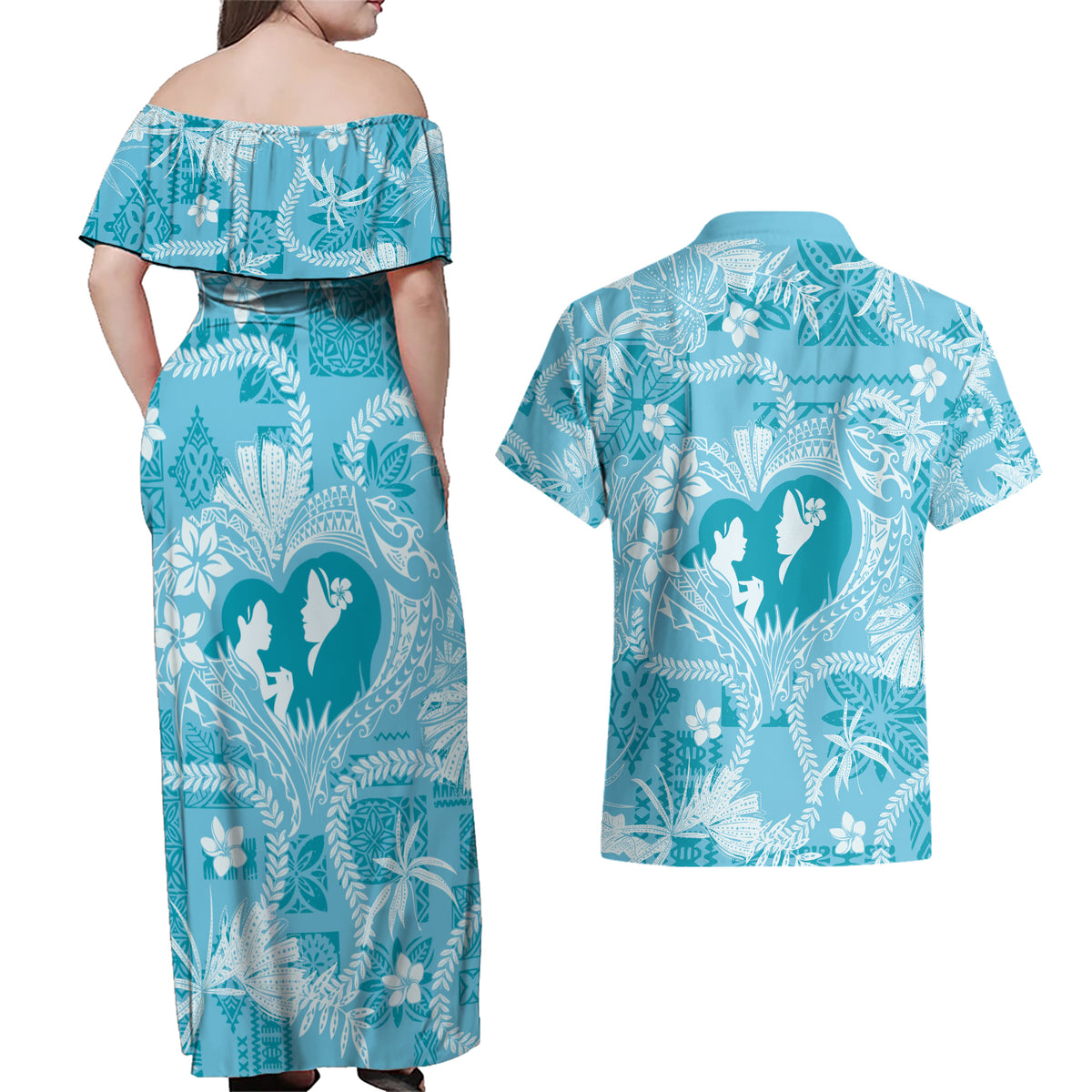 Hawaii Plumeria Couples Matching Off Shoulder Maxi Dress and Hawaiian Shirt Hau'oli la Makuahine Turquoise LT7 - Polynesian Pride