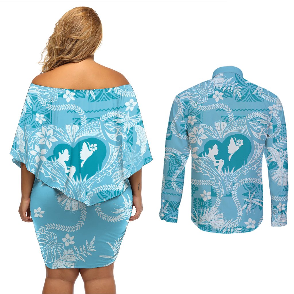 Hawaii Plumeria Couples Matching Off Shoulder Short Dress and Long Sleeve Button Shirt Hau'oli la Makuahine Turquoise LT7 - Polynesian Pride