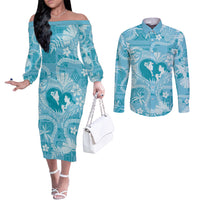 Hawaii Plumeria Couples Matching Off The Shoulder Long Sleeve Dress and Long Sleeve Button Shirt Hau'oli la Makuahine Turquoise LT7 Turquoise - Polynesian Pride