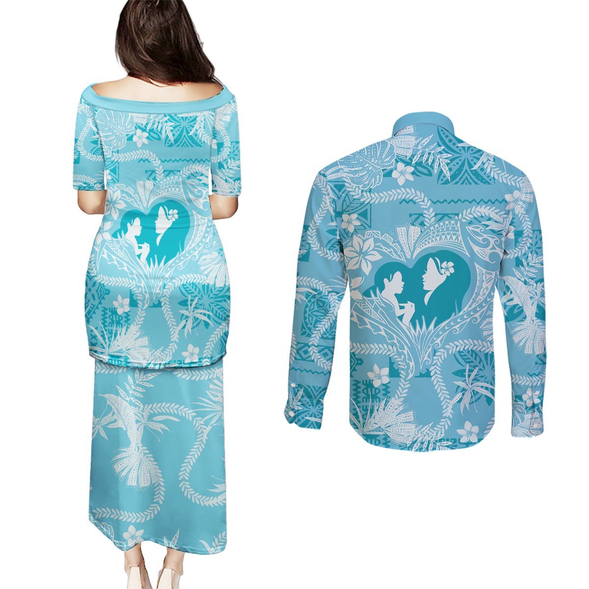 Hawaii Plumeria Couples Matching Puletasi and Long Sleeve Button Shirt Hau'oli la Makuahine Turquoise LT7 - Polynesian Pride