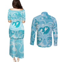 Hawaii Plumeria Couples Matching Puletasi and Long Sleeve Button Shirt Hau'oli la Makuahine Turquoise LT7 - Polynesian Pride