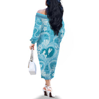 Hawaii Plumeria Family Matching Off The Shoulder Long Sleeve Dress and Hawaiian Shirt Hau'oli la Makuahine Turquoise LT7 - Polynesian Pride