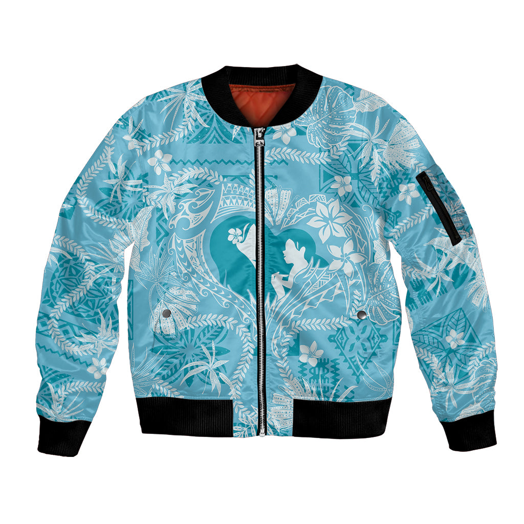 Hawaii Plumeria Sleeve Zip Bomber Jacket Hau'oli la Makuahine Turquoise LT7 Unisex Turquoise - Polynesian Pride