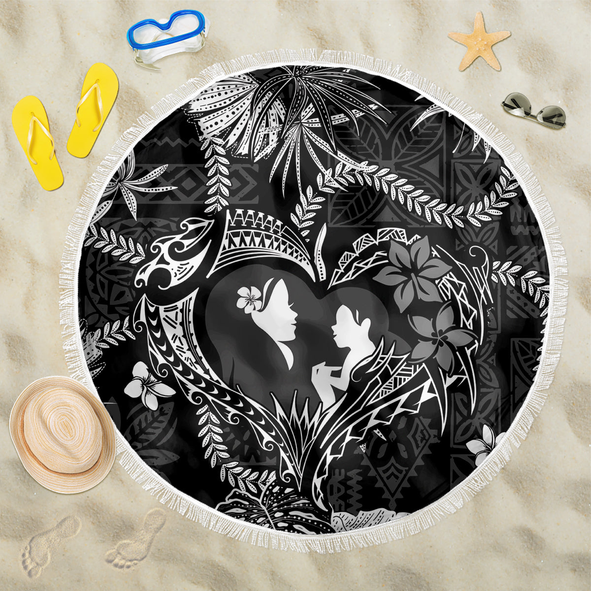 Hawaii Plumeria Beach Blanket Hau'oli la Makuahine Monochrome LT7 One Size 150cm Black - Polynesian Pride