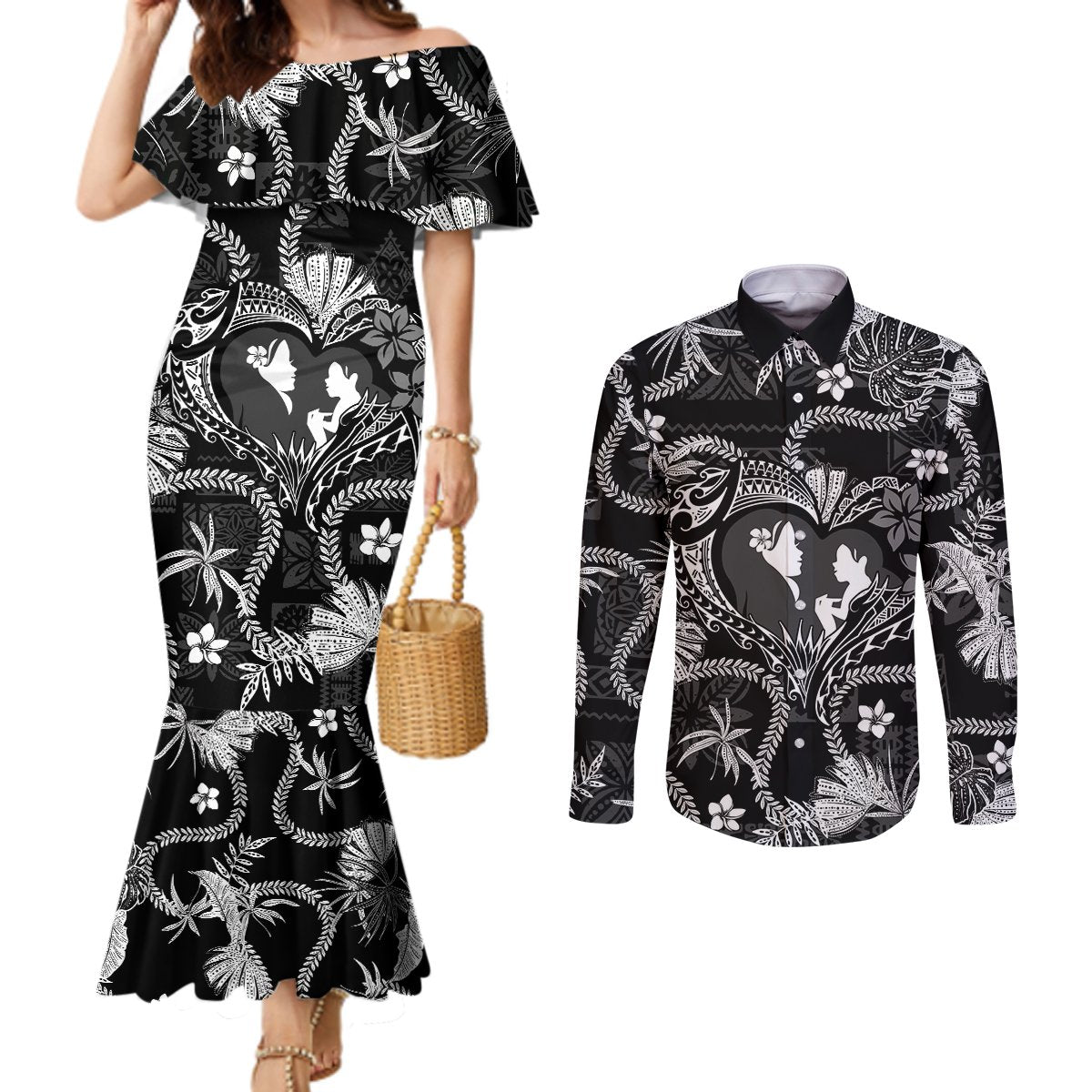 Hawaii Plumeria Couples Matching Mermaid Dress and Long Sleeve Button Shirt Hau'oli la Makuahine Monochrome LT7 Black - Polynesian Pride