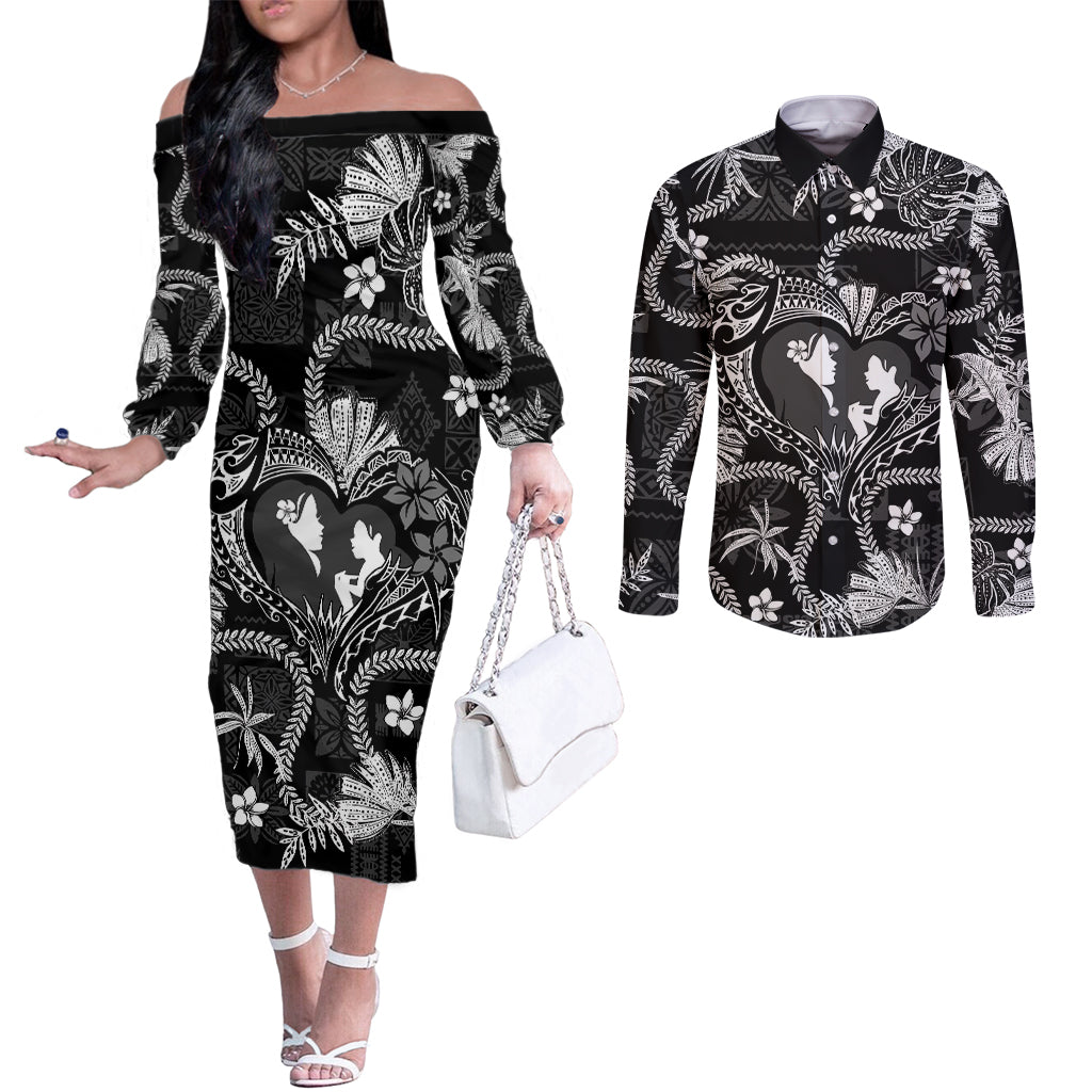 Hawaii Plumeria Couples Matching Off The Shoulder Long Sleeve Dress and Long Sleeve Button Shirt Hau'oli la Makuahine Monochrome LT7 Black - Polynesian Pride
