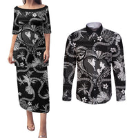 Hawaii Plumeria Couples Matching Puletasi and Long Sleeve Button Shirt Hau'oli la Makuahine Monochrome LT7 Black - Polynesian Pride