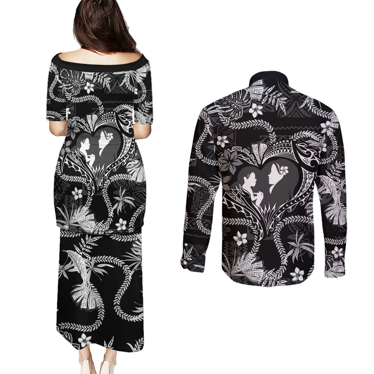 Hawaii Plumeria Couples Matching Puletasi and Long Sleeve Button Shirt Hau'oli la Makuahine Monochrome LT7 - Polynesian Pride