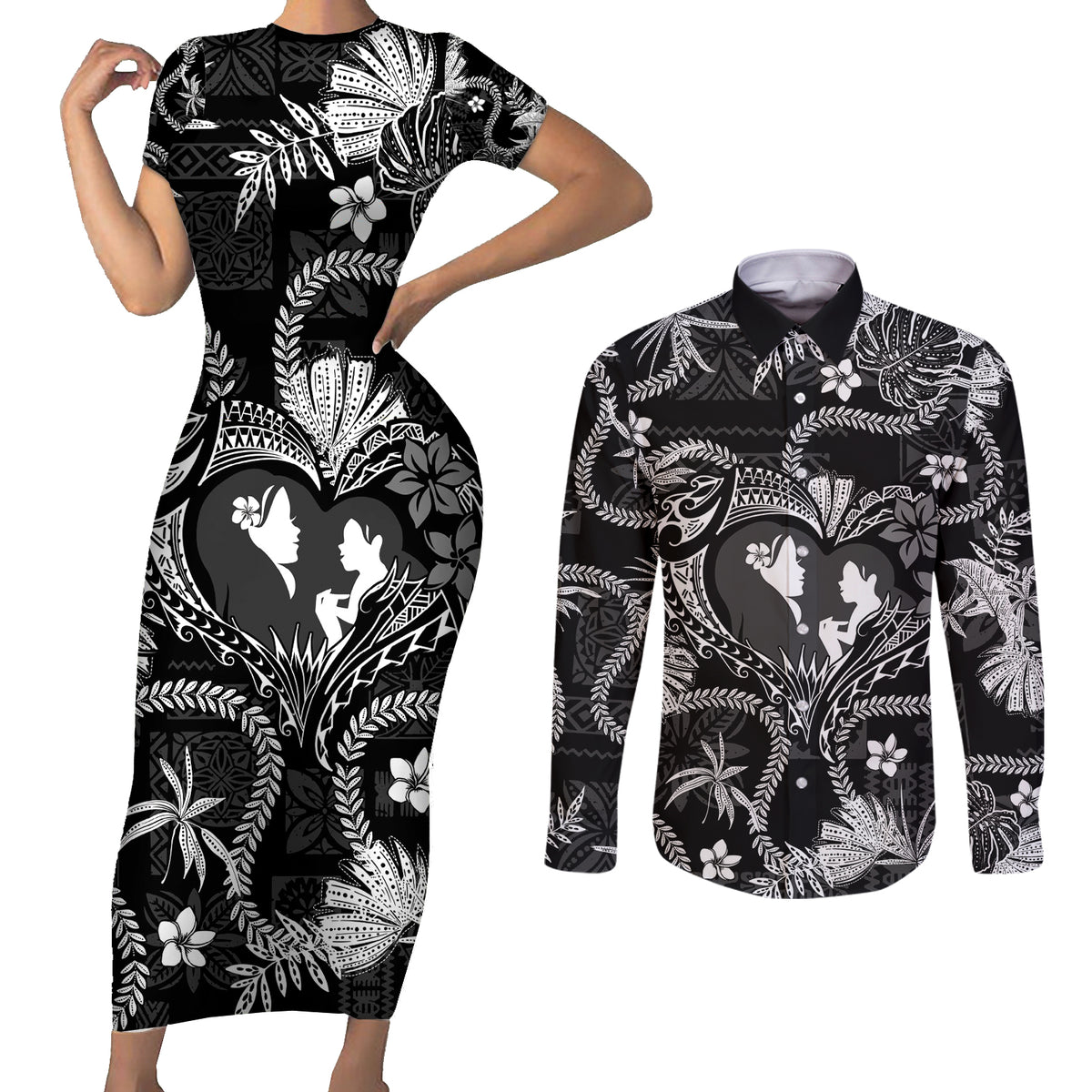 Hawaii Plumeria Couples Matching Short Sleeve Bodycon Dress and Long Sleeve Button Shirt Hau'oli la Makuahine Monochrome LT7 Black - Polynesian Pride