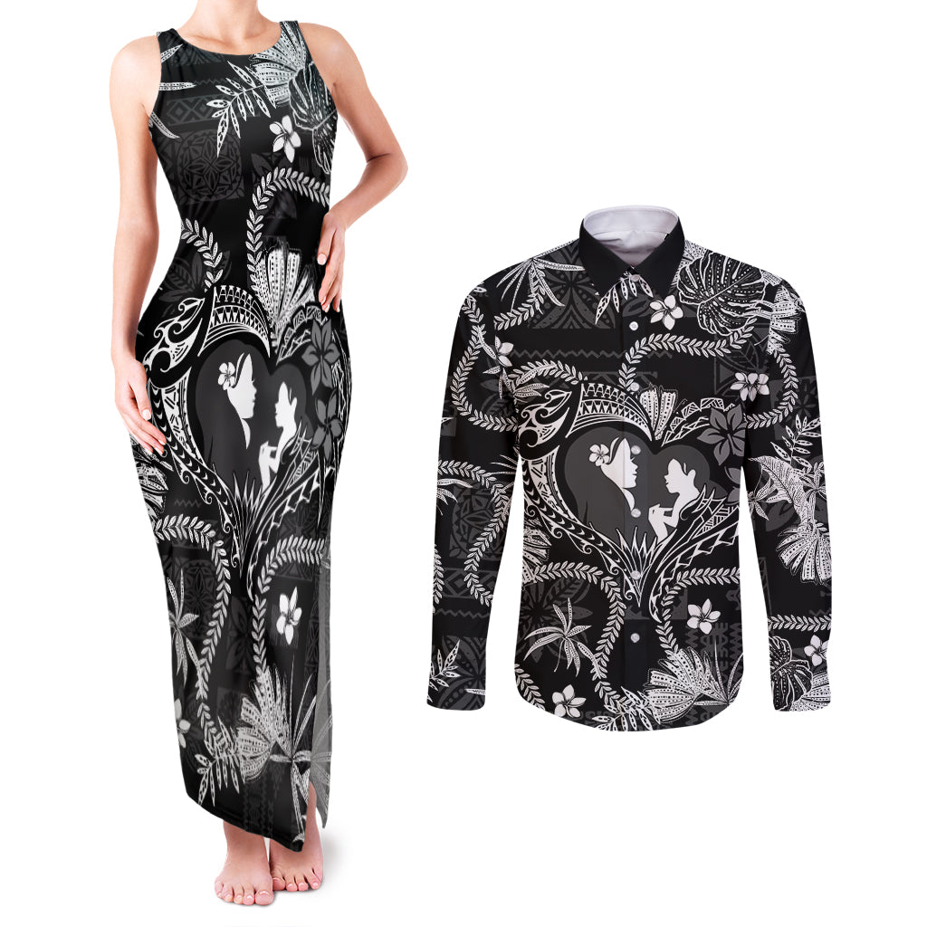 Hawaii Plumeria Couples Matching Tank Maxi Dress and Long Sleeve Button Shirt Hau'oli la Makuahine Monochrome LT7 Black - Polynesian Pride