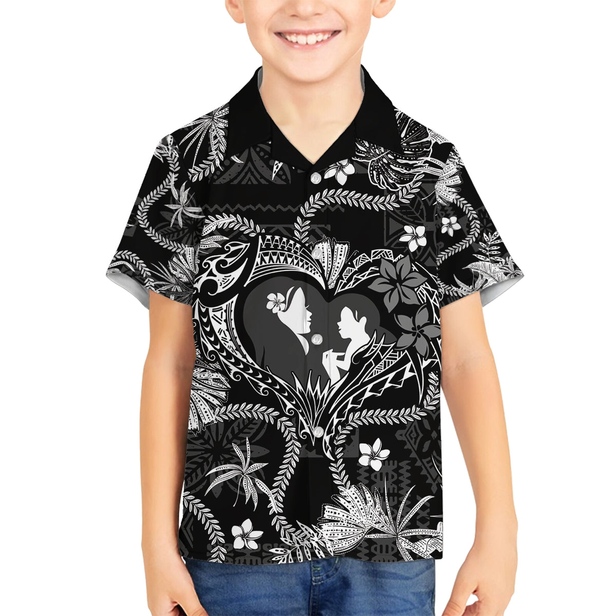 Hawaii Plumeria Family Matching Off The Shoulder Long Sleeve Dress and Hawaiian Shirt Hau'oli la Makuahine Monochrome LT7 Son's Shirt Black - Polynesian Pride