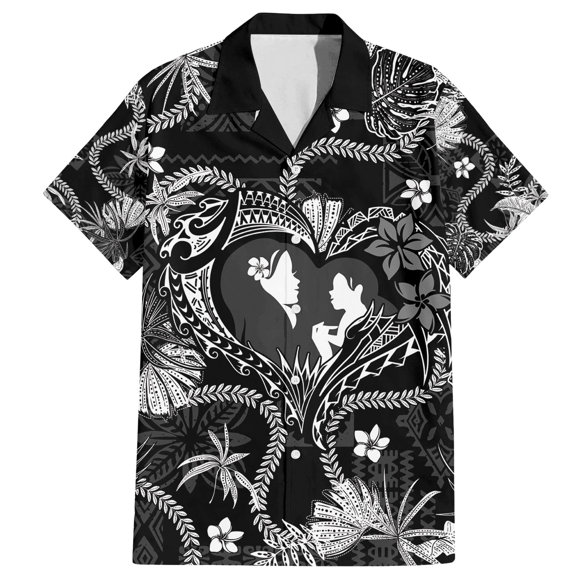 Hawaii Plumeria Family Matching Off Shoulder Maxi Dress and Hawaiian Shirt Hau'oli la Makuahine Monochrome LT7 Dad's Shirt - Short Sleeve Black - Polynesian Pride