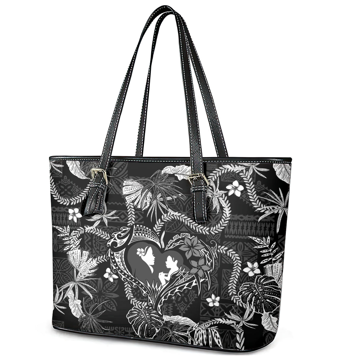 Hawaii Plumeria Leather Tote Bag Hau'oli la Makuahine Monochrome LT7 - Polynesian Pride